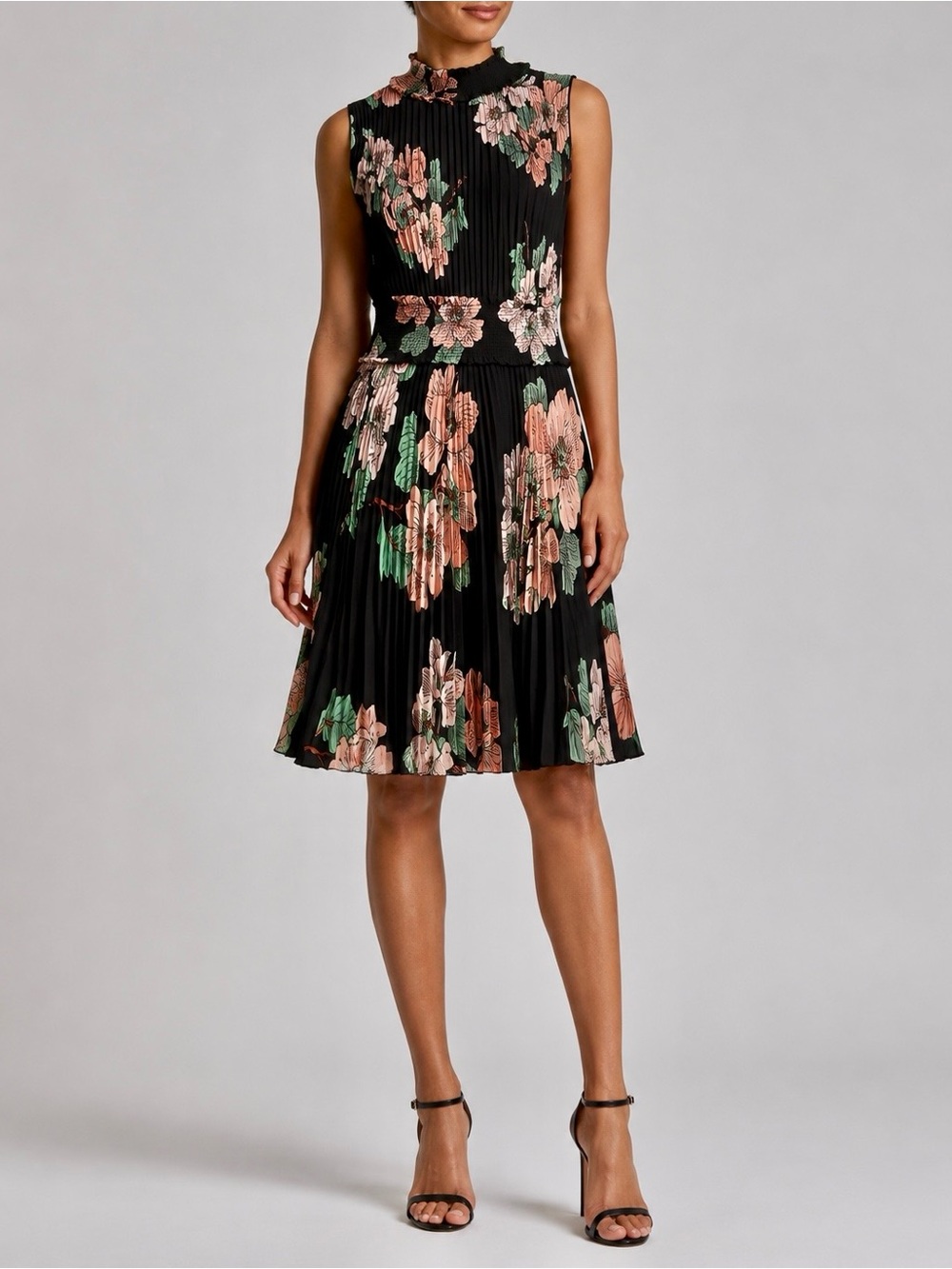 NWT Anthropologie Smocked Floral Sleeveless Midi Dress, Black Peach